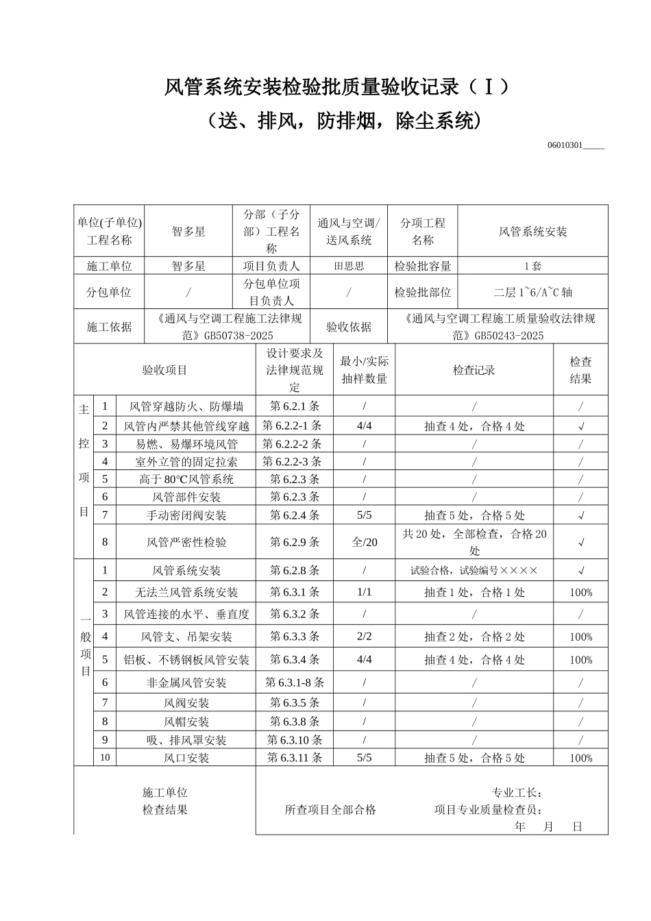 风管系统安装检验批质量验收记录(送、排风-防排烟-除尘系统)_第1页