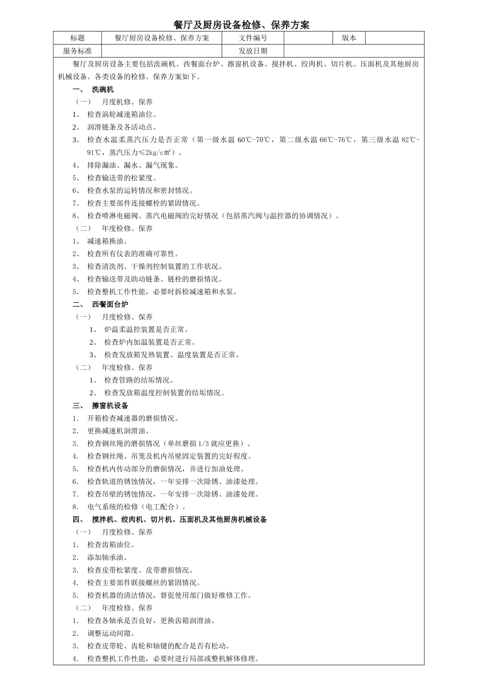 餐厅及厨房的设备检修保养方案_第1页