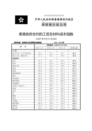 香港政府合约的工资及材料成本指数(2025.4.27)