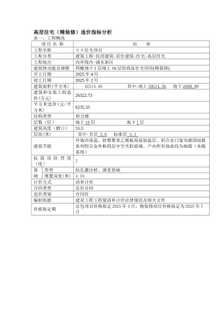 高层住宅(精装修)造价指标分析