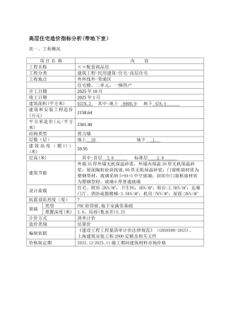 高层住宅造价指标分析(带地下室)