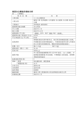高层办公楼造价指标1