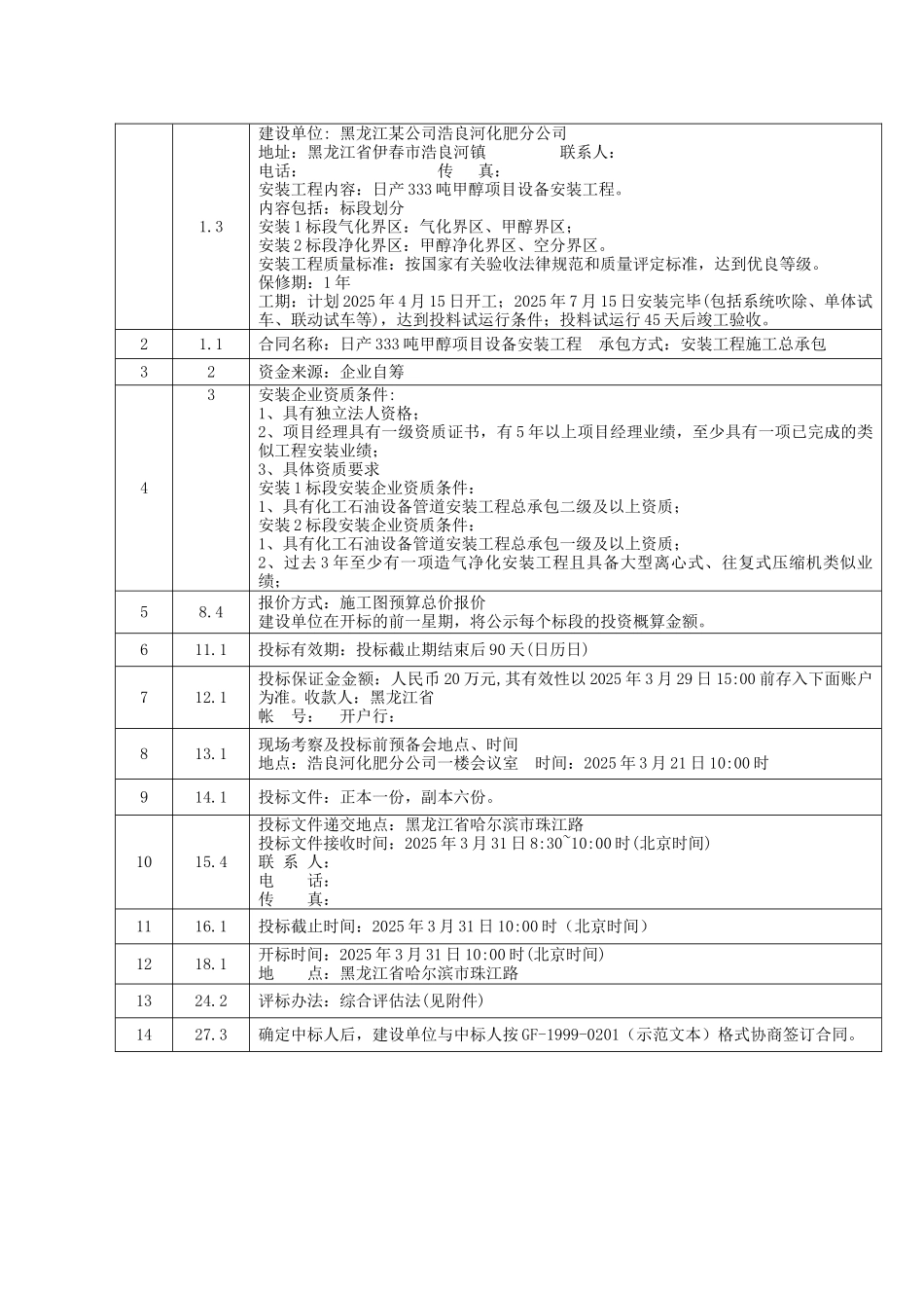 黑龙江某公司浩良河化肥分公司日产333吨甲醇项目设备安装工程招标文件_第3页