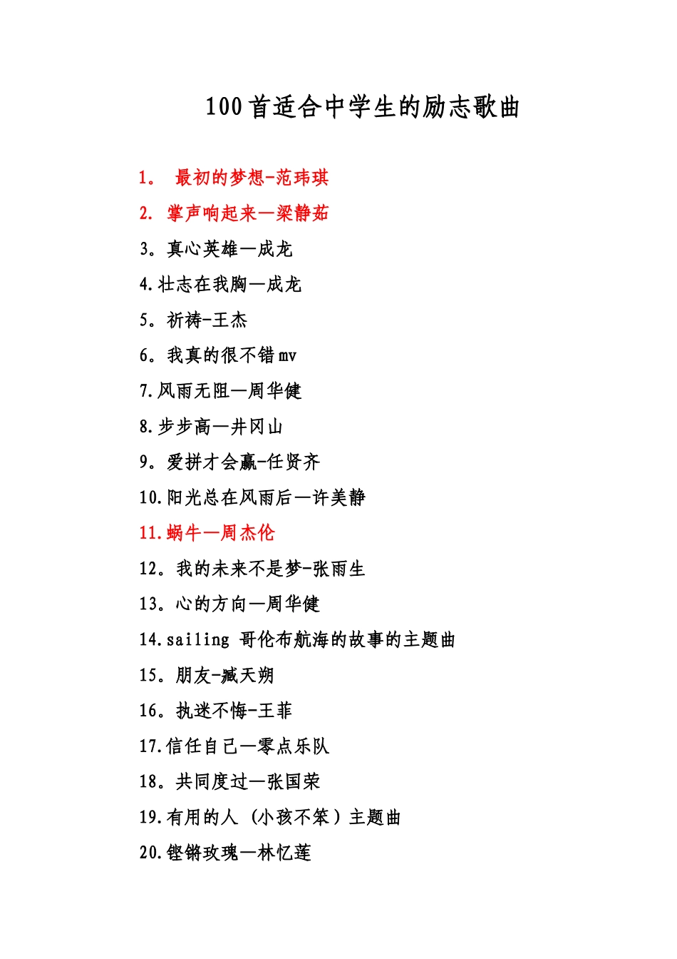 100首适合中学生的励志歌曲_第1页