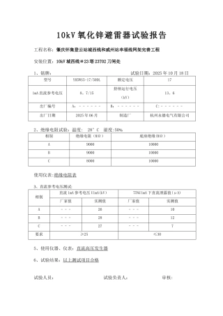 10kV避雷器试验报告