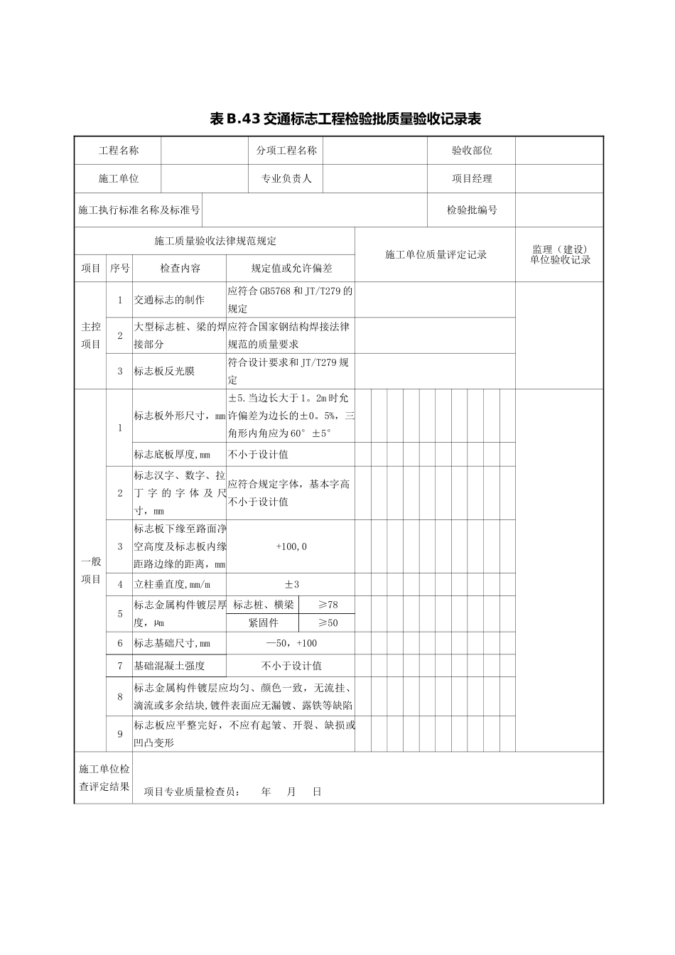 10、交通标志工程检验批质量验收记录表_第1页