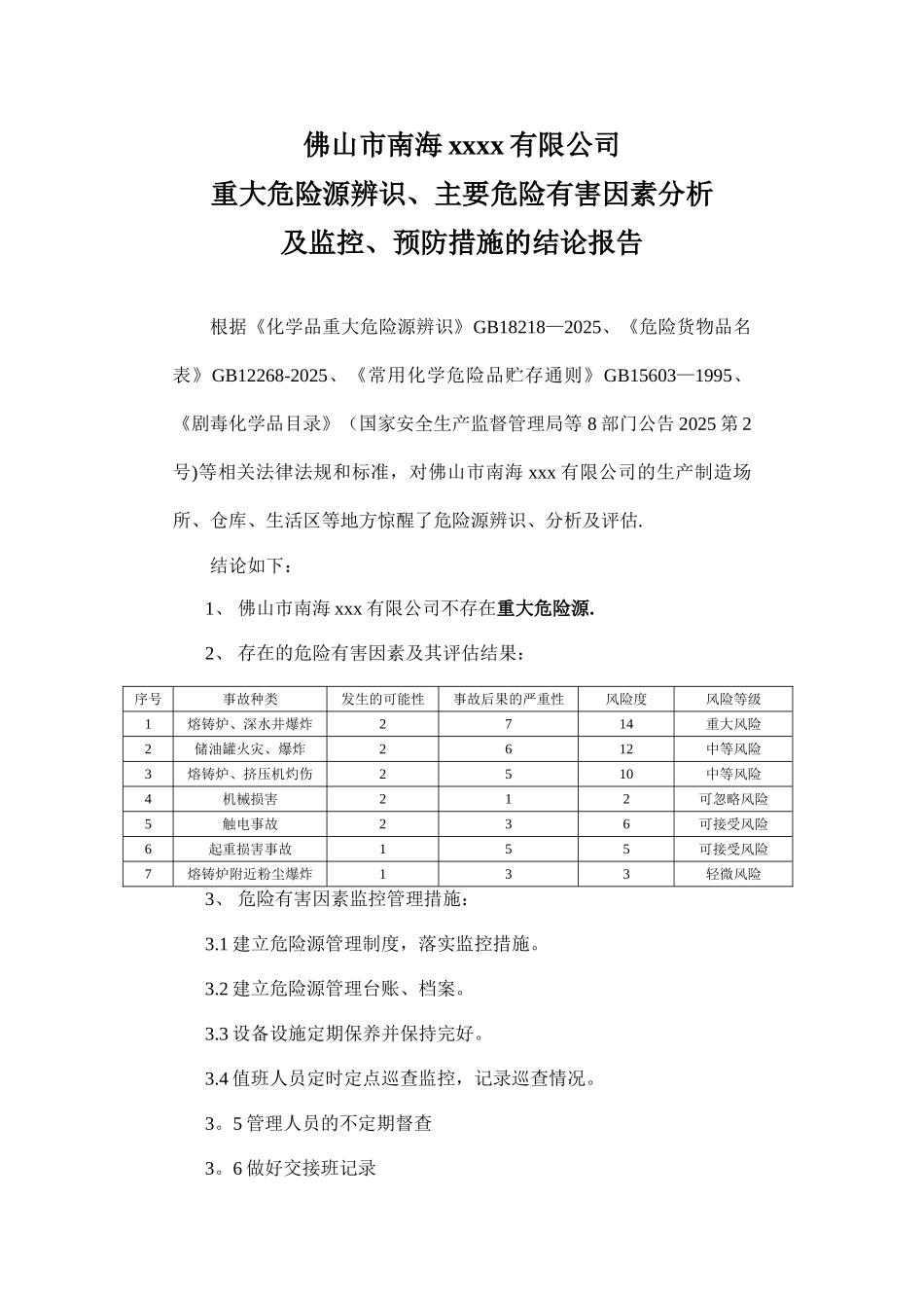 1、重大危险源辨识、主要危险有害因素分析及监控、预防措施的结论报告_第1页