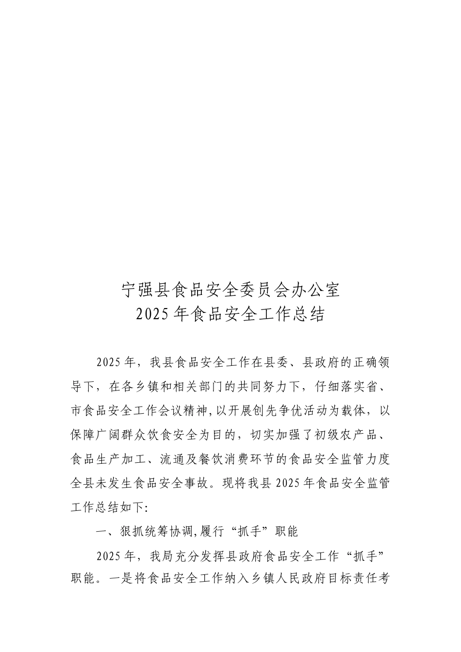 2010年宁强县食品安全工作总结_第1页