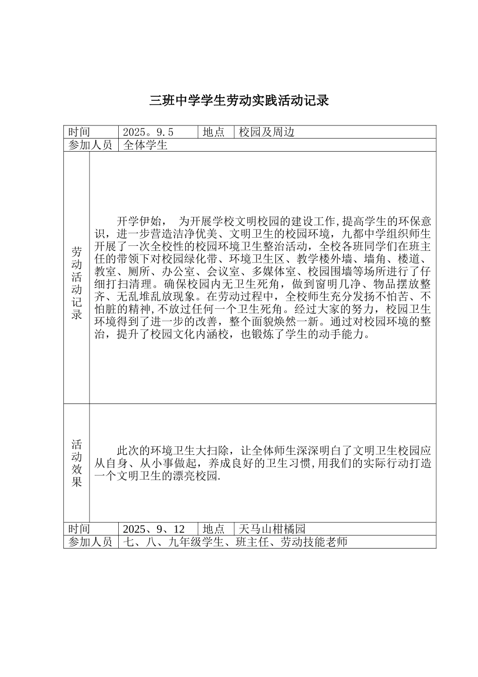 2025-2025三班中学学生劳动实践活动记录_第1页