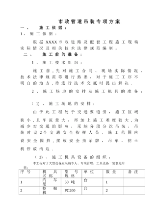 2025XX路市政管道吊装方案