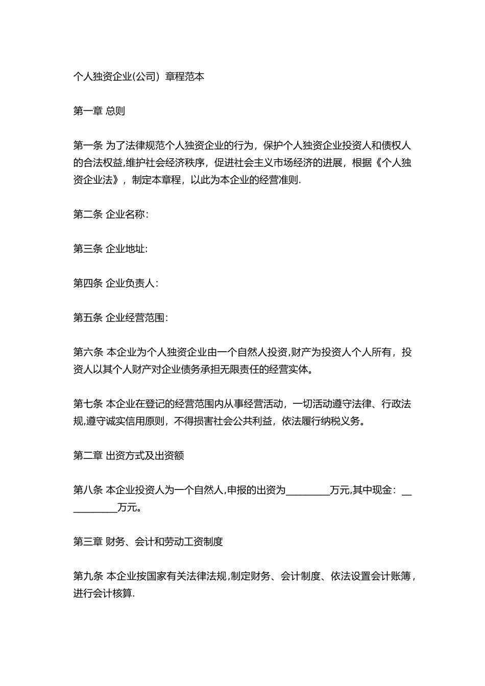 2025个人独资企业公司章程范本_第1页