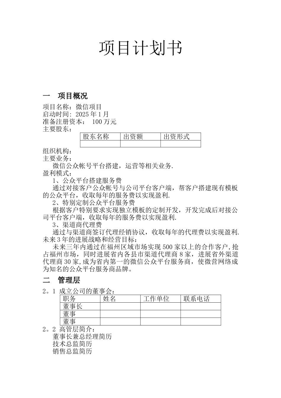 2025互联网微信平台创业项目计划书_第1页