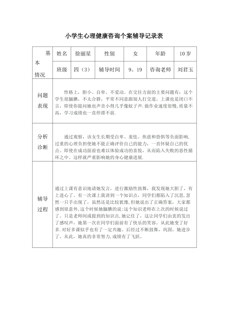 2025小学生心理健康咨询个案辅导记录表_第1页