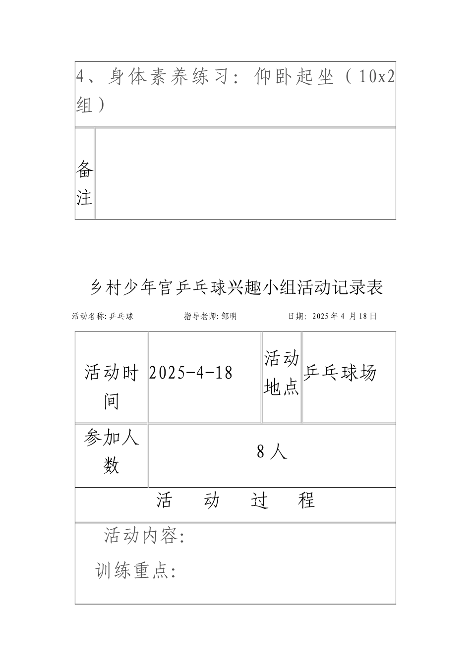 2025年4-5月乡村少年宫乒乓球兴趣小组活动记录表_第2页