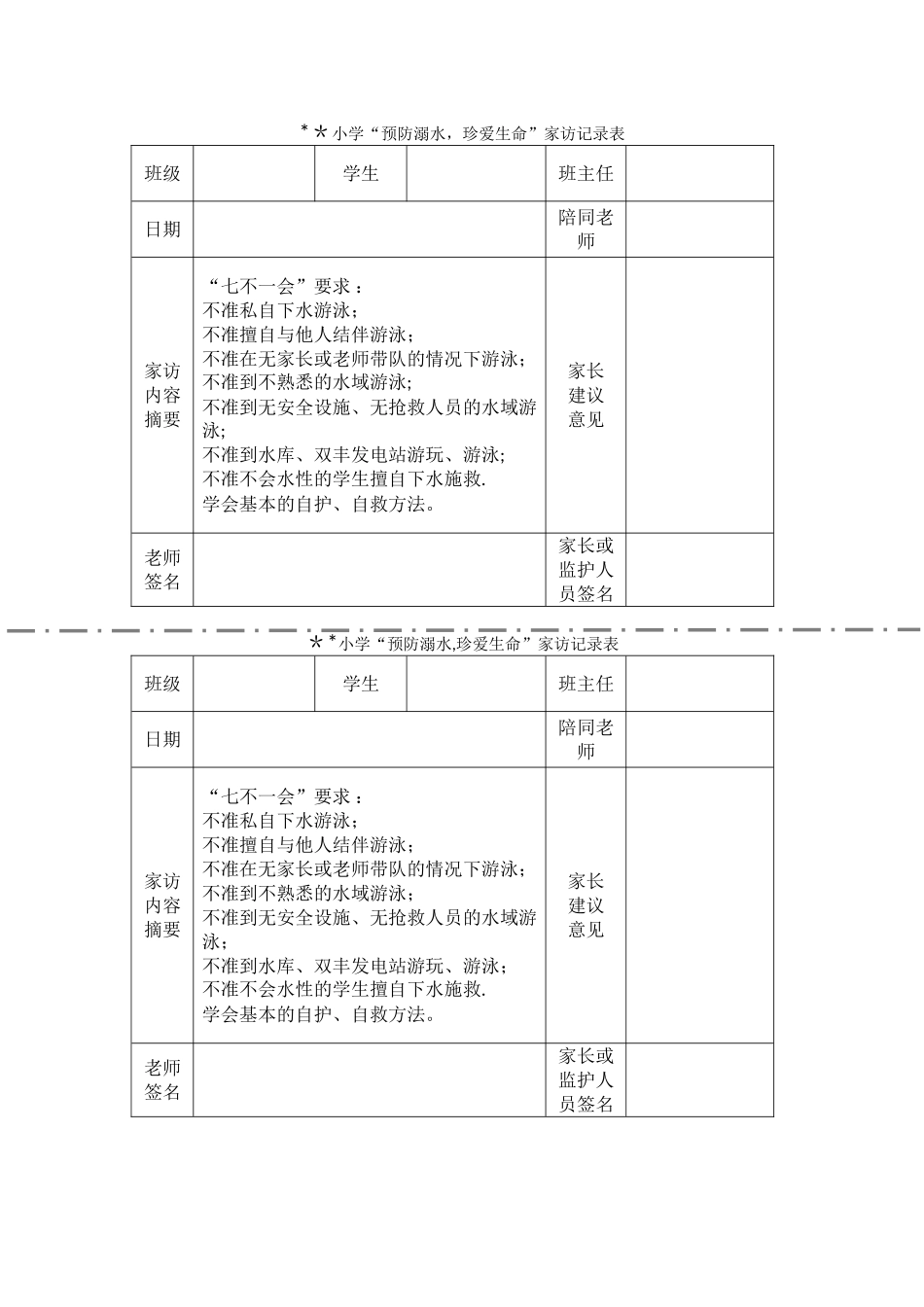 2025年xx小学防溺水家访记录表_第1页