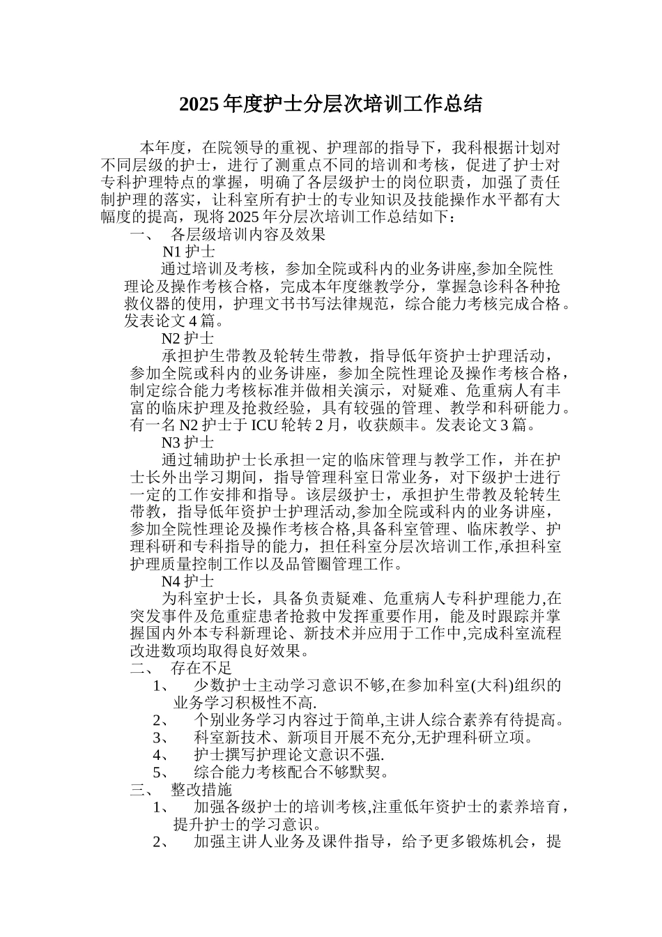 2025年度护士分层次培训工作总结_第1页