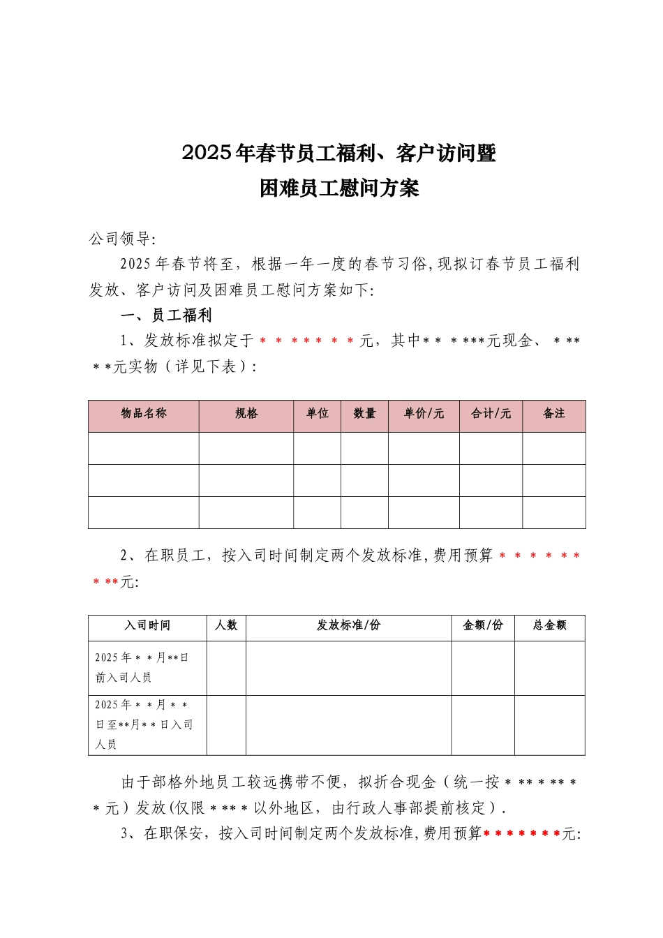 2025年春节员工福利、客户拜访及困难职工慰问方案_第1页