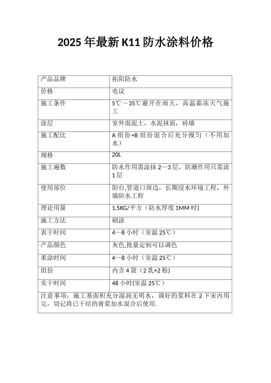 2025年最新K11防水涂料价格_第1页