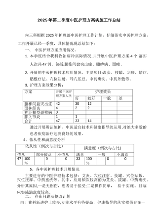 2025年第二季度中医护理方案实施工作总结