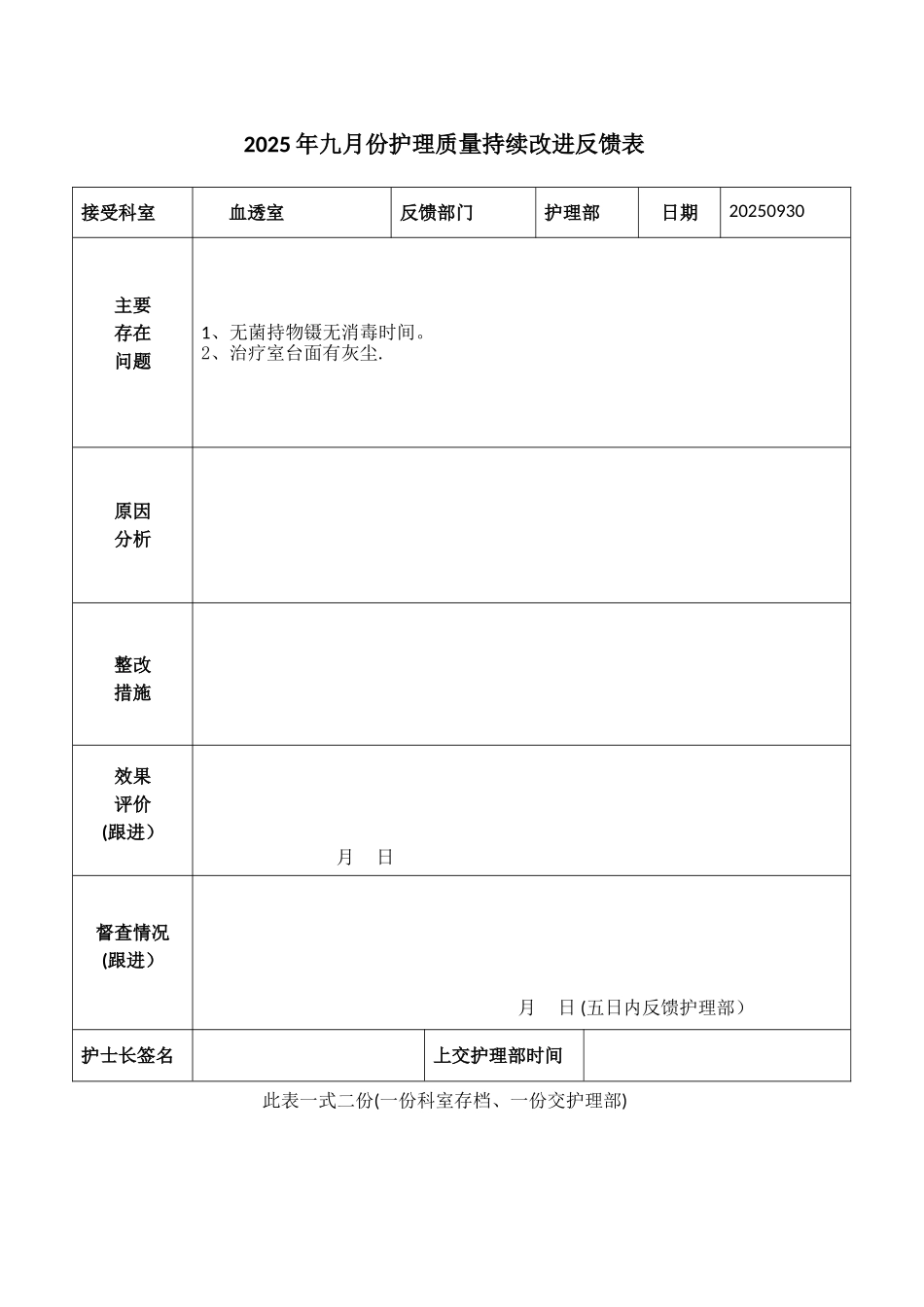 2025年血透室护理质量持续改进反馈表_第1页
