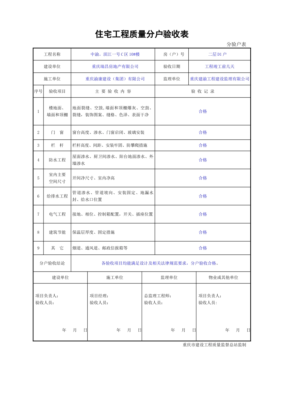 2025年重庆市住宅工程质量分户验收表格_第1页