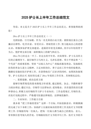 2025护士长上半年工作总结范文