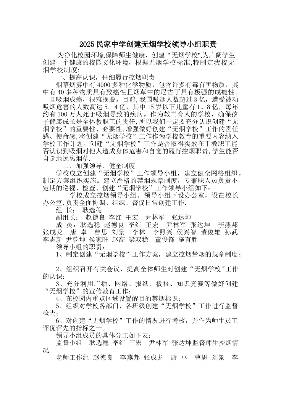 2025民家中学创建无烟学校领导小组职责_第1页