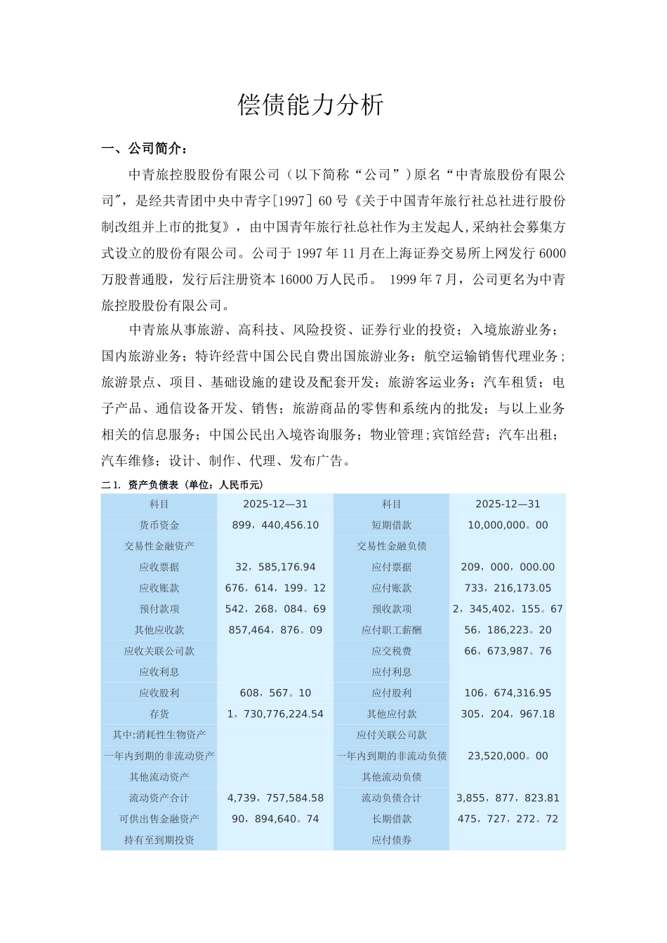 2025电大财务报表分析任务一中青旅偿债能力分析_第1页