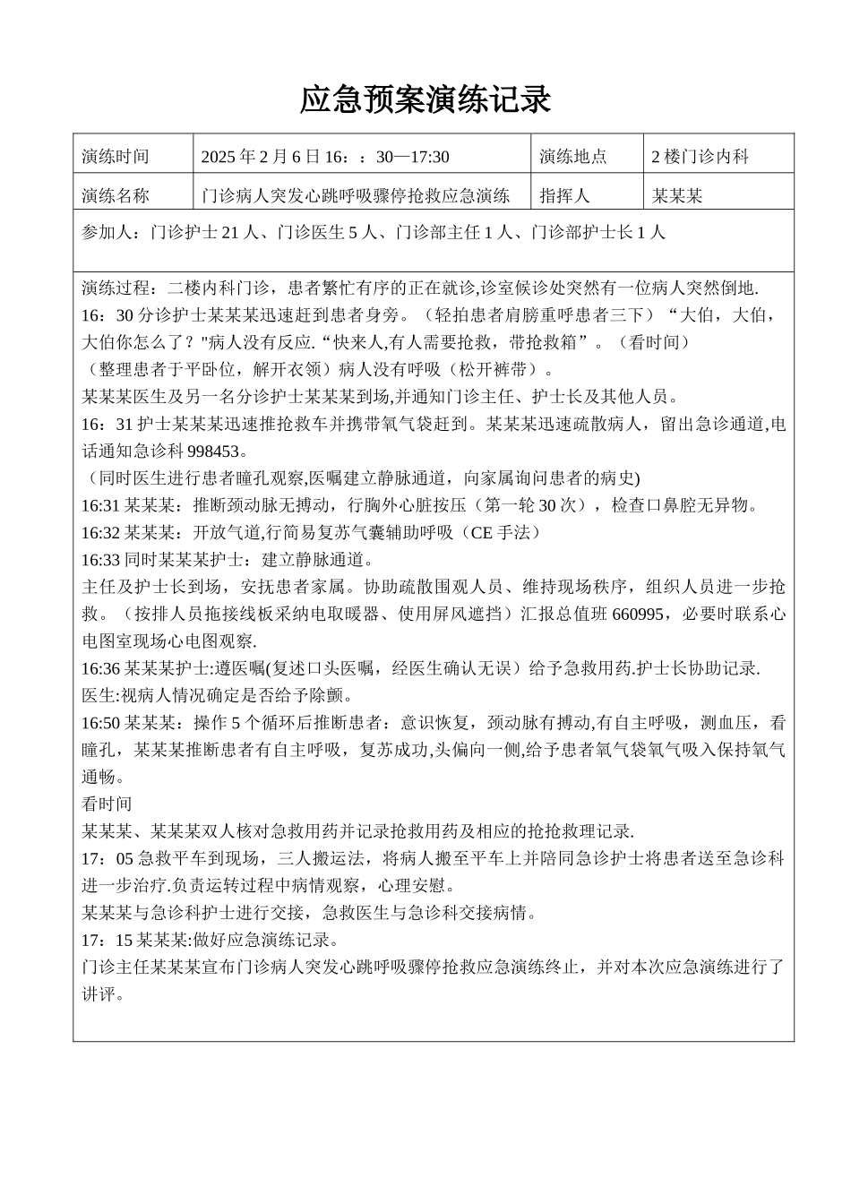 2025门诊心跳骤停应急预案演练记录_第1页