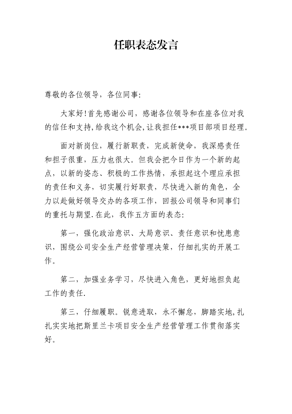 2025项目经理任职表态发言_第1页