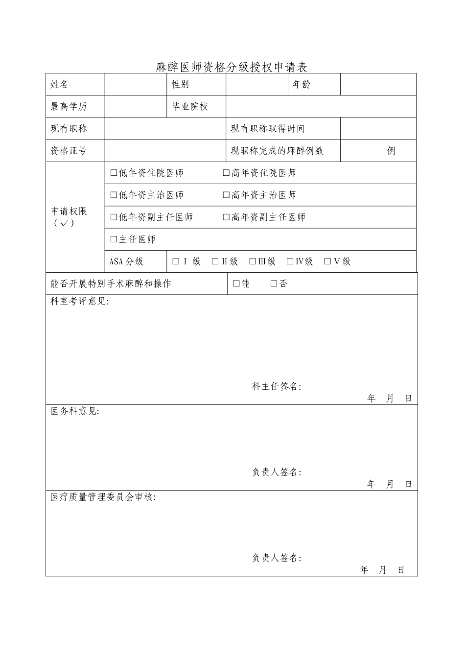 2025麻醉医师-分级授权申请表2025_第1页