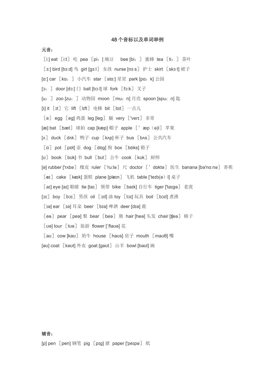 48个音标以及单词举例_第1页