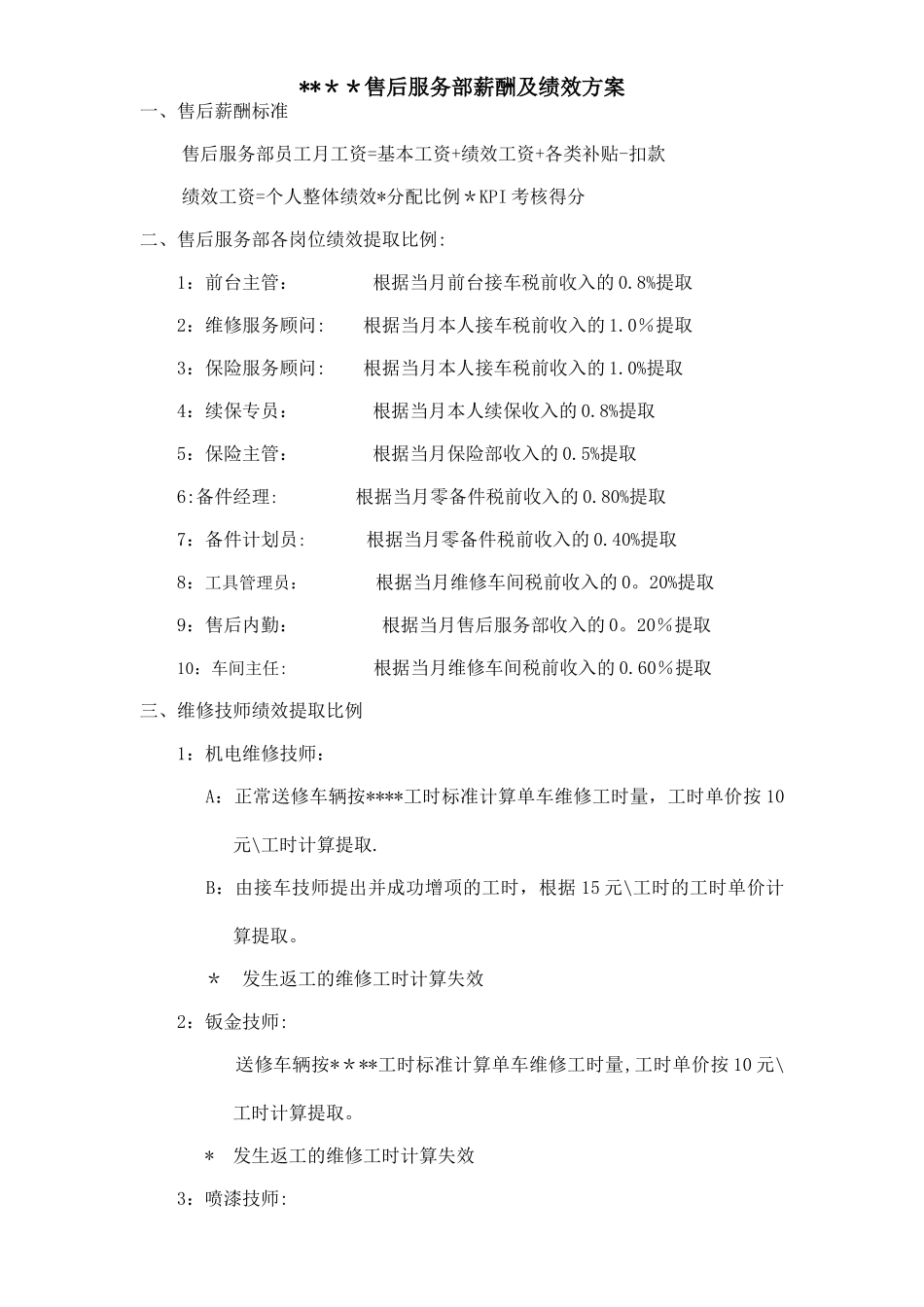 4S店售后薪酬及绩效方案_第1页