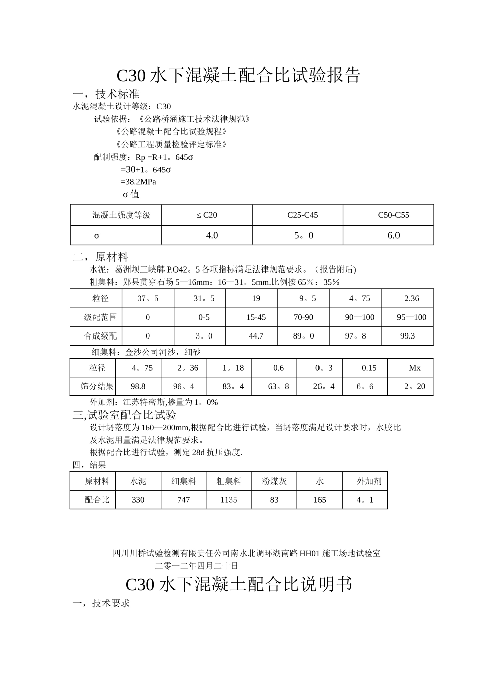 C30水下混凝土配合比试验报告1_第1页