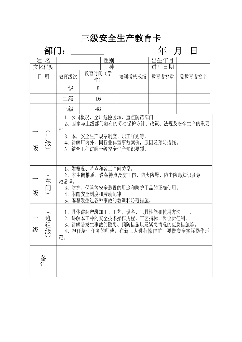 EHS-A04三级安全生产教育卡_第1页