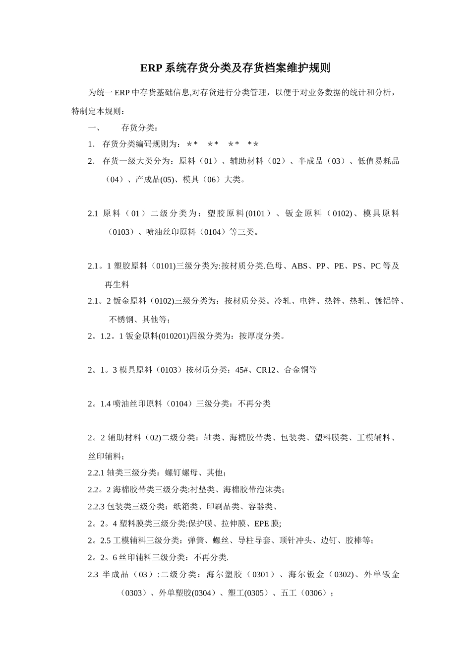 ERP系统存货分类及存货编码维护规则_第1页