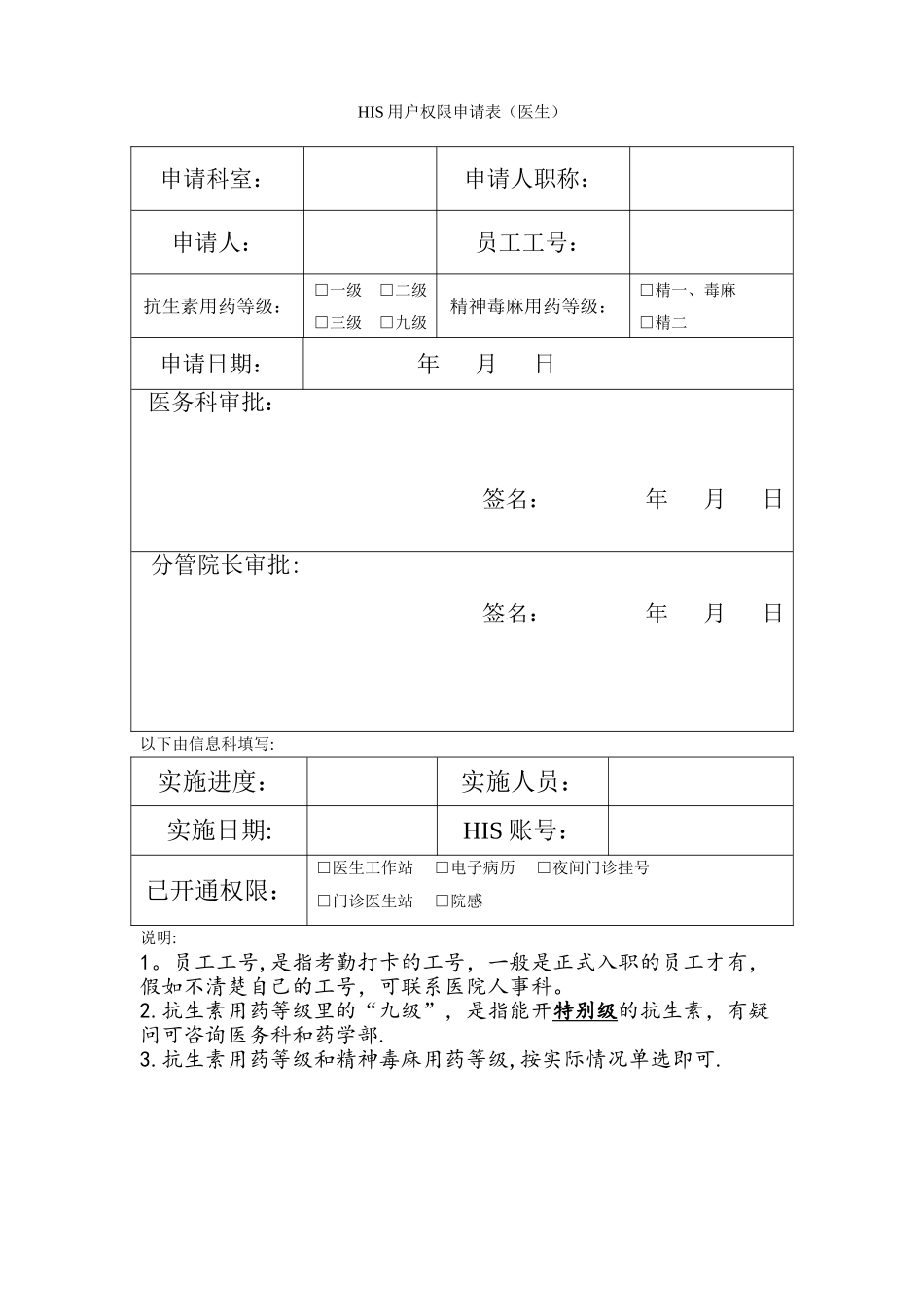 HIS系统操作员权限申请表-医生_第1页