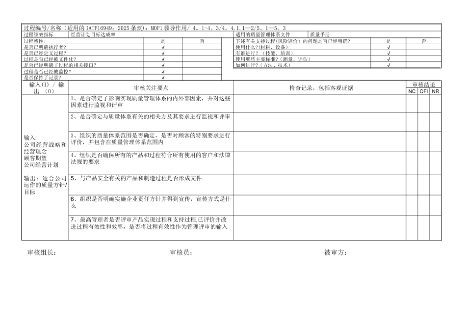 IATF16949内部审核检查表_第1页