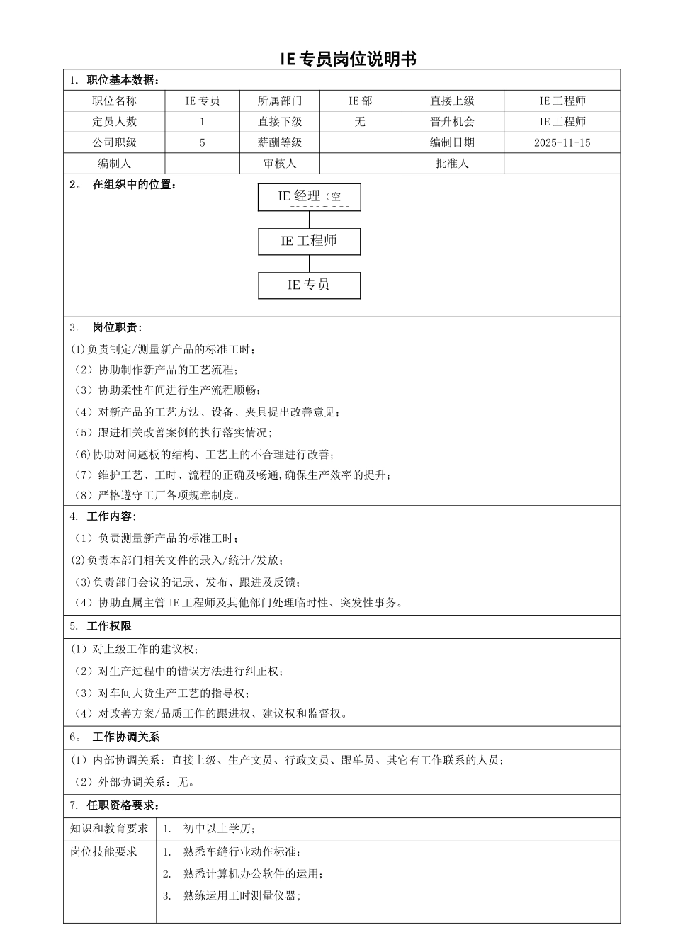 IE专员岗位说明书_第1页