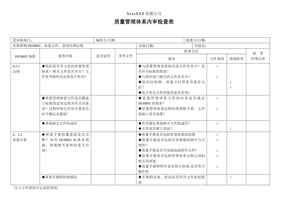iso9000内审检查表全套_第1页