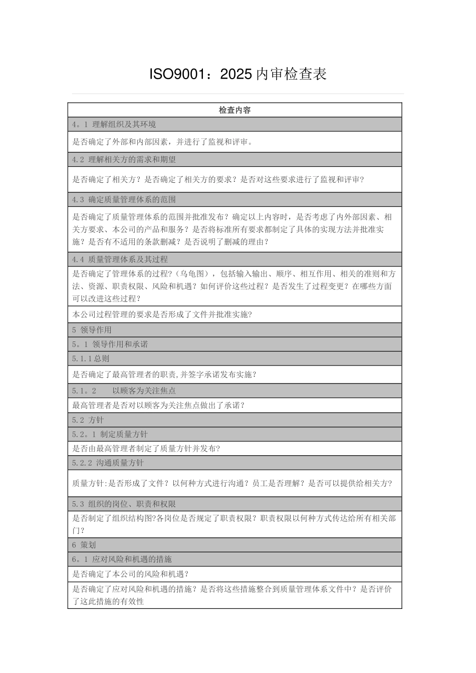 ISO9001-2025内审检查表检查内容_第1页