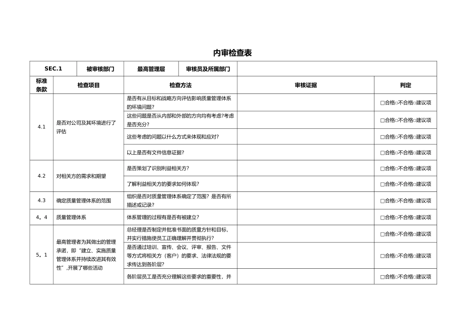 ISO9001-2025各部门内审检查表_第1页