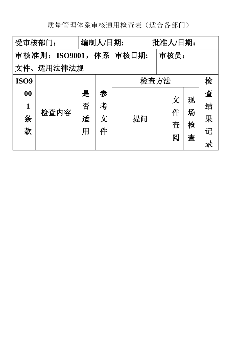 iso9001质量管理体系审核通用检查表_第1页