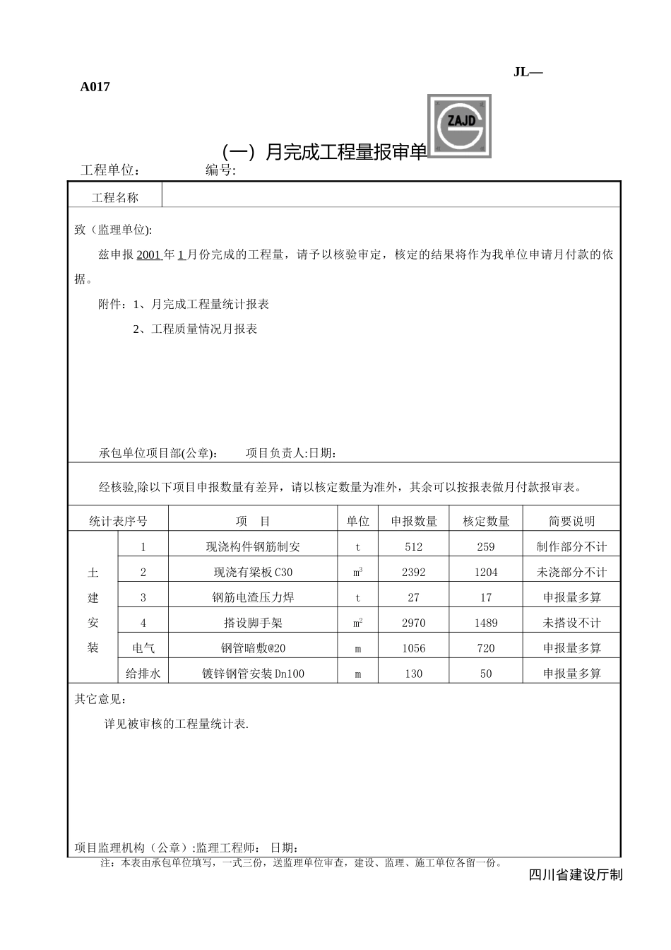JL-A017月完成工程量报审单_第1页
