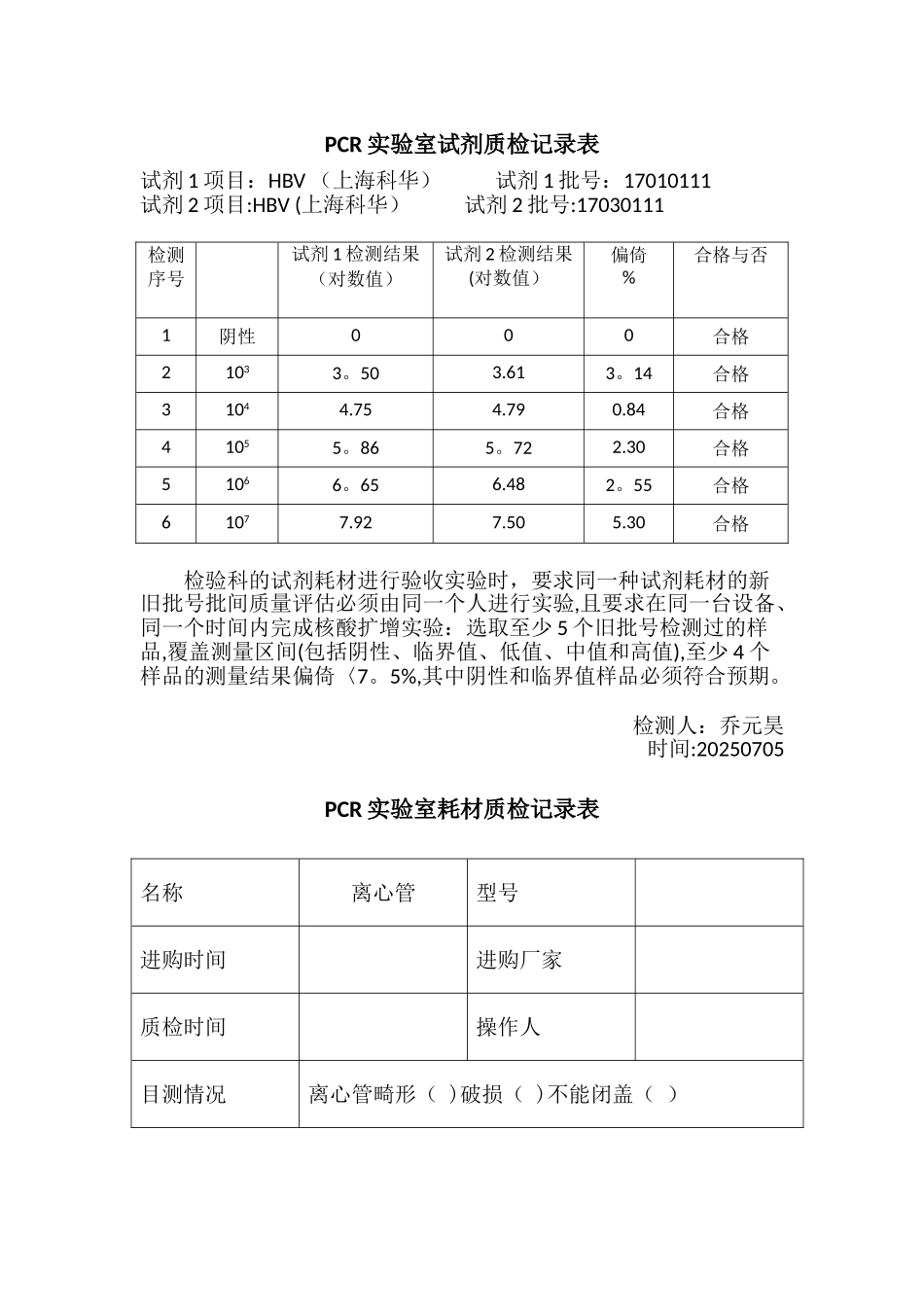 PCR试剂质检记录表_第1页