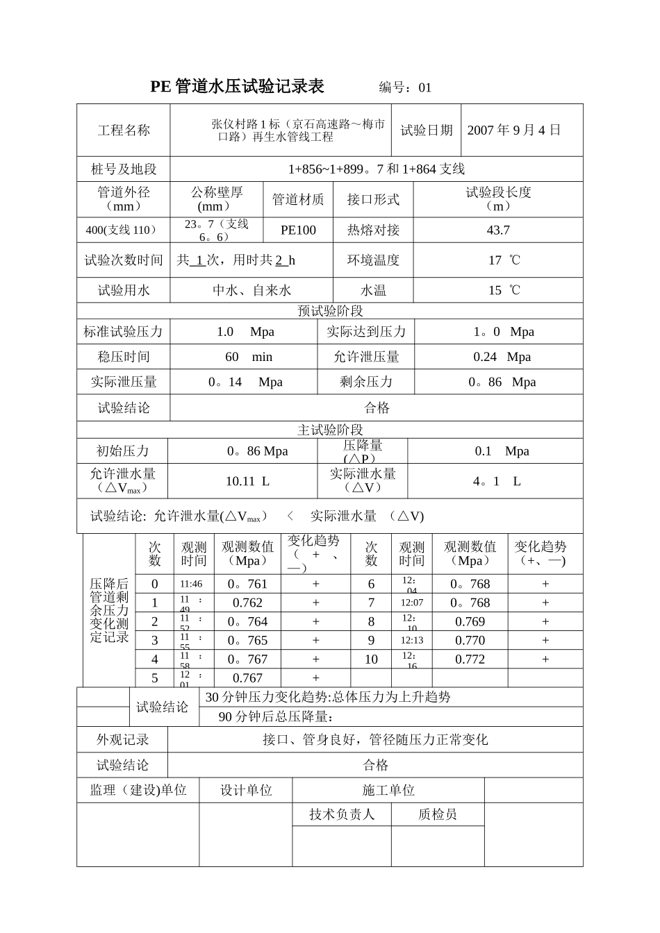 PE管水压试验记录1_第1页