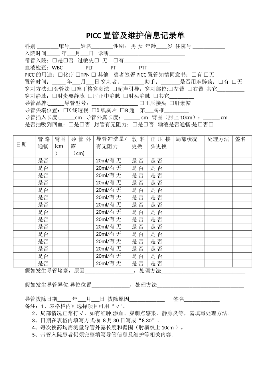 PICC置管和维护信息记录单_第1页