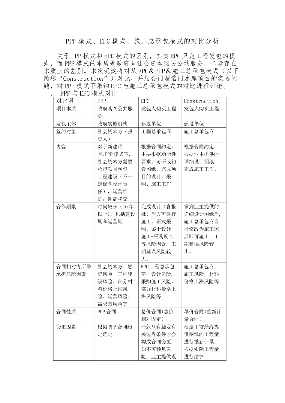 PPP模式、EPC模式、施工总承包模式的对比分析_第1页