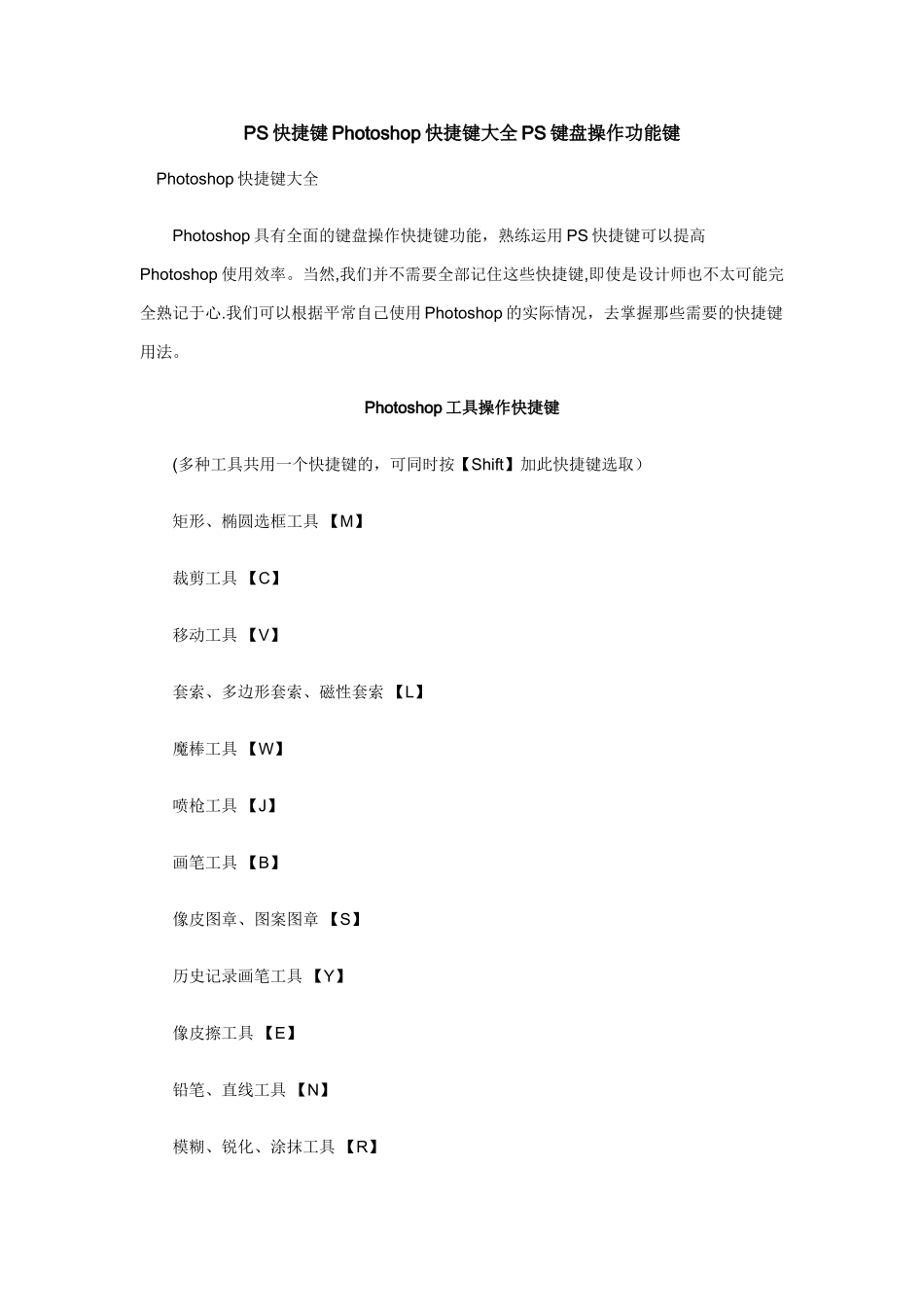 PS快捷键Photoshop快捷键大全PS键盘操作功能键_第1页