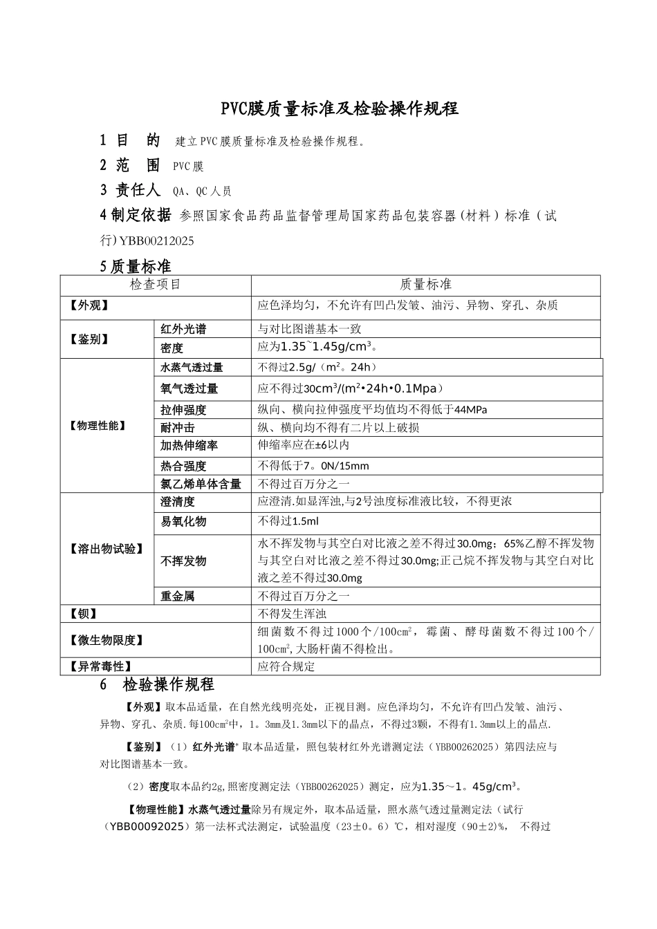 PVC膜质量标准及检验操作规程_第1页